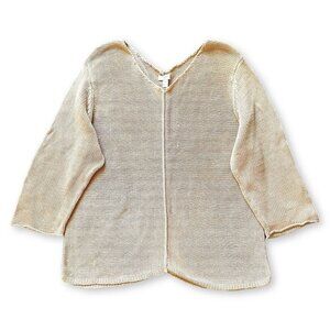 J Jill Open Knit Sweater Women Size XL Petite Tan Cream Mercerized Cotton V-Neck